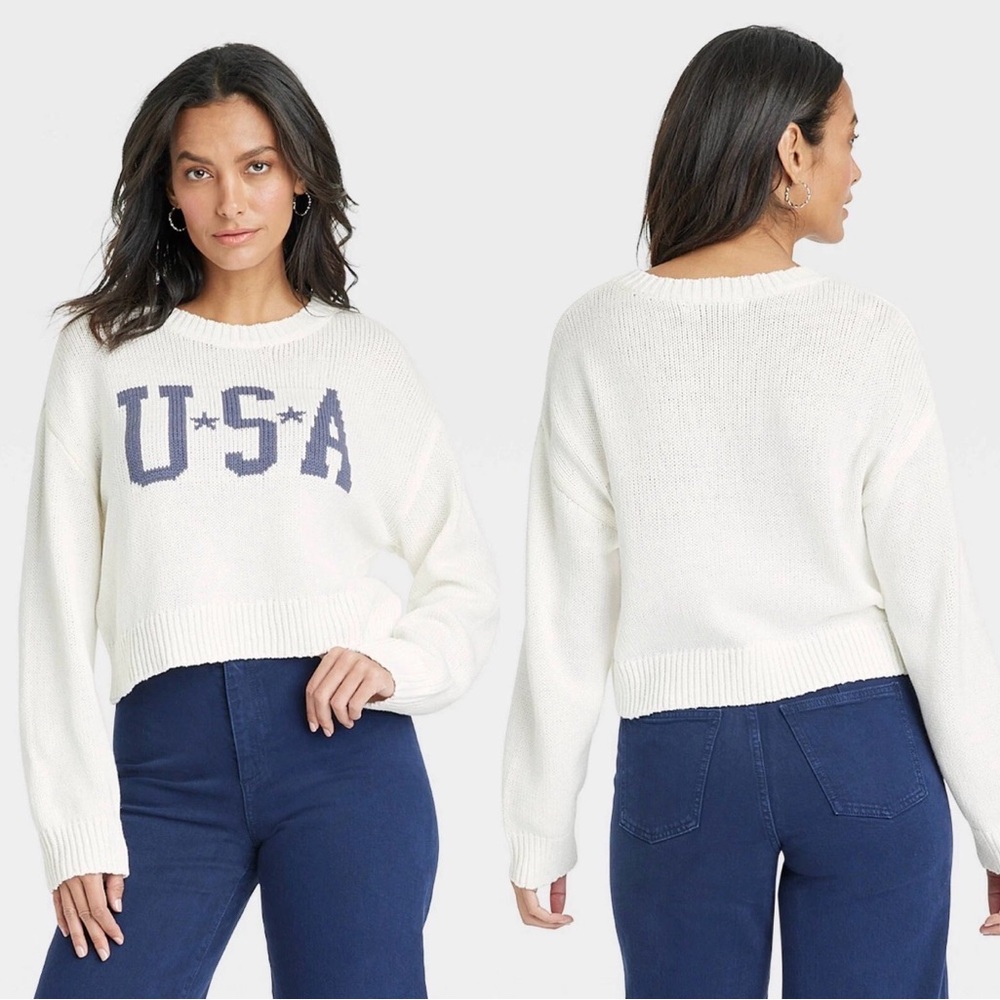 Grayson Threads USA Blue Spell Out Graphic Sweater White Large Crop‎ Top Cotton